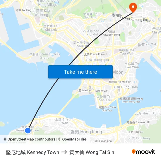堅尼地城 Kennedy Town to 黃大仙 Wong Tai Sin map