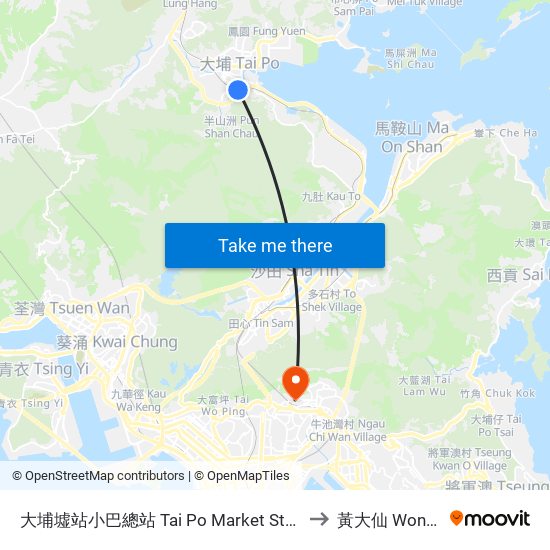 大埔墟站小巴總站 Tai Po Market Station Plb Terminus to 黃大仙 Wong Tai Sin map