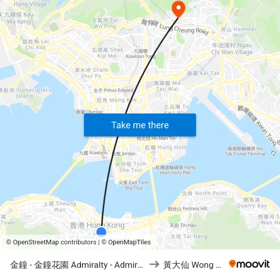 金鐘 - 金鐘花園 Admiralty - Admiralty Garden to 黃大仙 Wong Tai Sin map