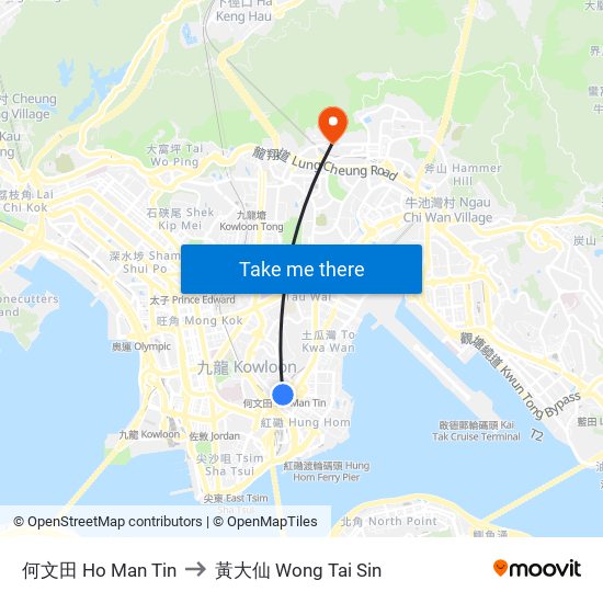 何文田 Ho Man Tin to 黃大仙 Wong Tai Sin map