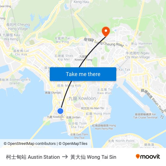 柯士甸站 Austin Station to 黃大仙 Wong Tai Sin map