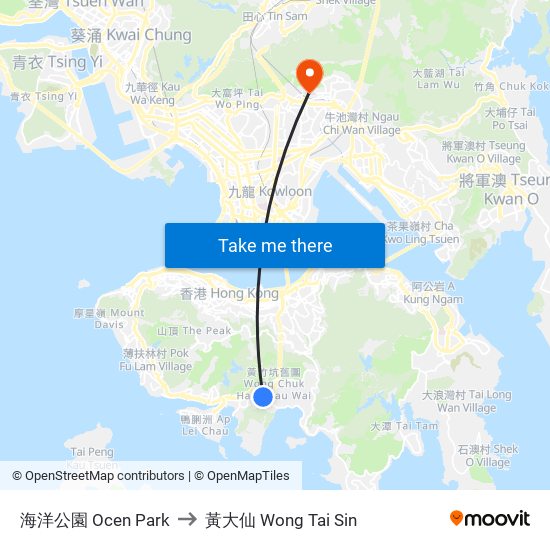 海洋公園 Ocen Park to 黃大仙 Wong Tai Sin map