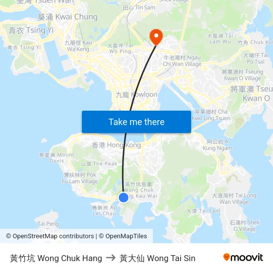 黃竹坑 Wong Chuk Hang to 黃大仙 Wong Tai Sin map