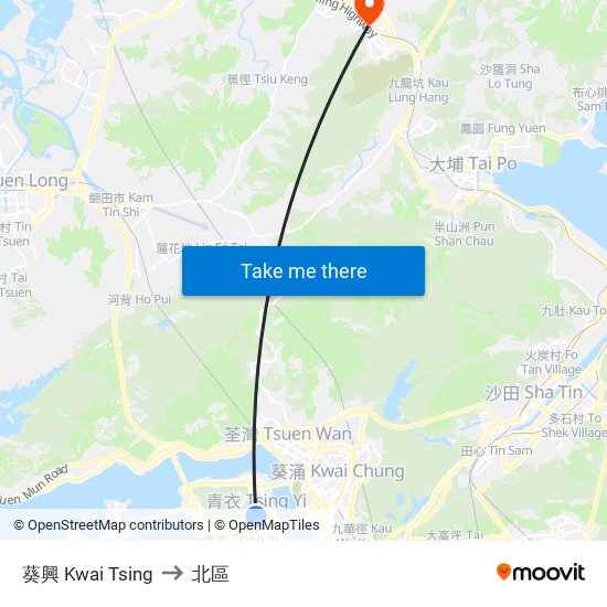 葵興 Kwai Tsing to 北區 map