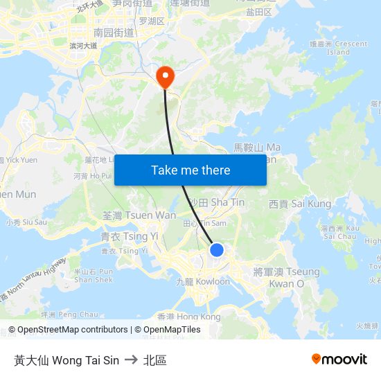 黃大仙 Wong Tai Sin to 北區 map