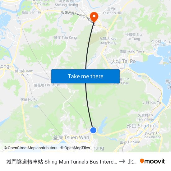城門隧道轉車站 Shing Mun Tunnels Bus Interchange to 北區 map
