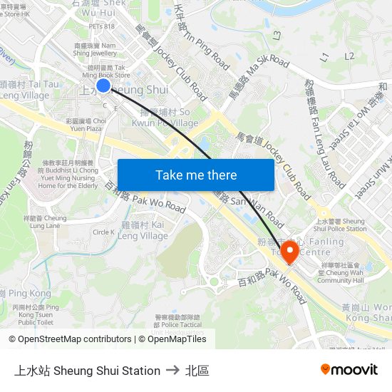 上水站 Sheung Shui Station to 北區 map