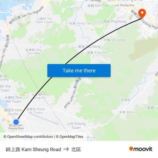 錦上路 Kam Sheung Road to 北區 map