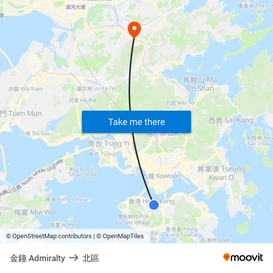 金鐘 Admiralty to 北區 map