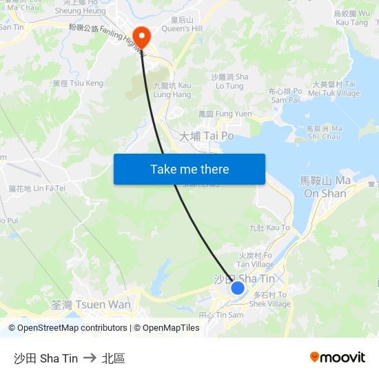 沙田 Sha Tin to 北區 map