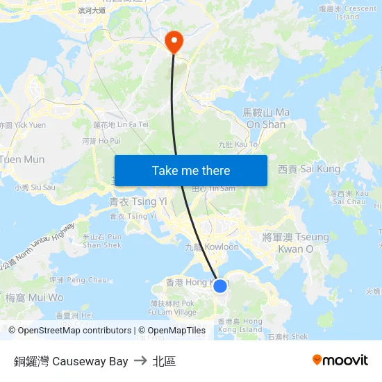 銅鑼灣 Causeway Bay to 北區 map