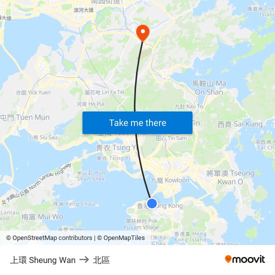 上環 Sheung Wan to 北區 map
