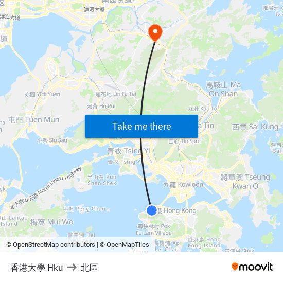 香港大學 Hku to 北區 map