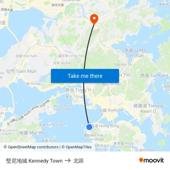 堅尼地城 Kennedy Town to 北區 map