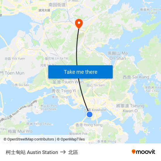 柯士甸站 Austin Station to 北區 map