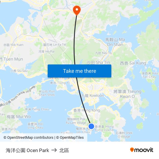 海洋公園 Ocen Park to 北區 map