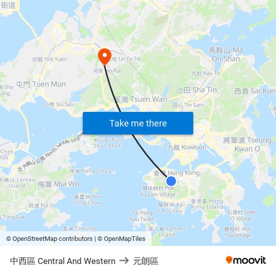 中西區 Central And Western to 元朗區 map