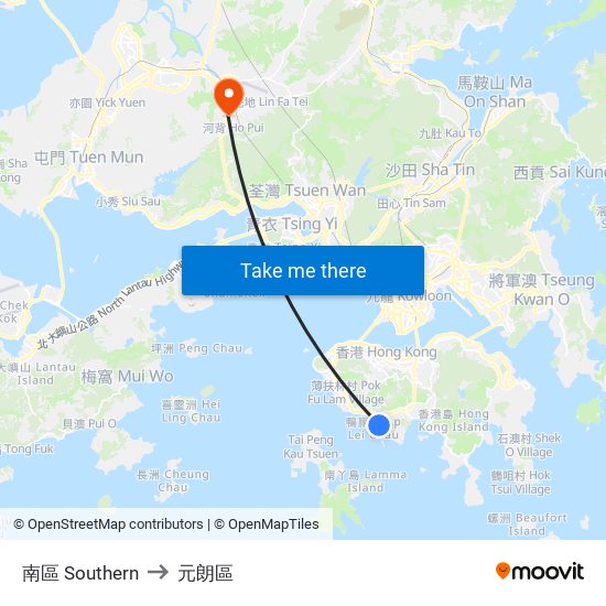 南區 Southern to 元朗區 map
