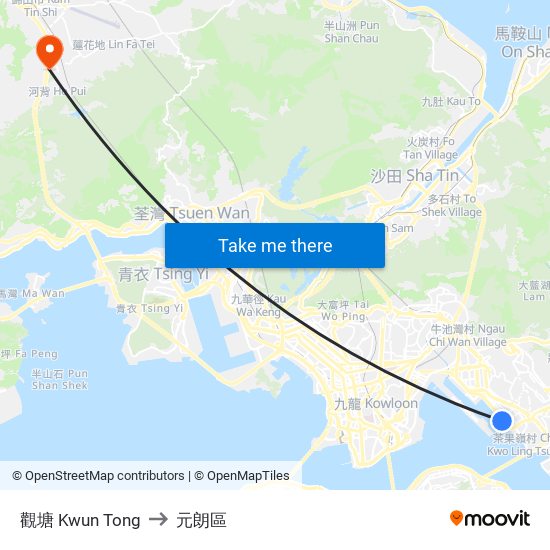觀塘 Kwun Tong to 元朗區 map