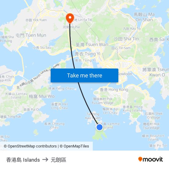 香港島 Islands to 元朗區 map
