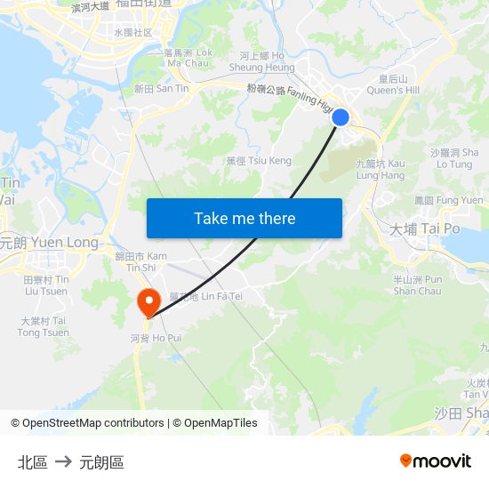北區 to 元朗區 map