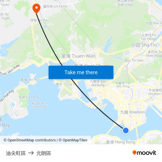 油尖旺區 to 元朗區 map