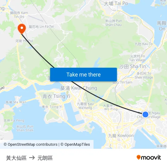 黃大仙區 to 元朗區 map