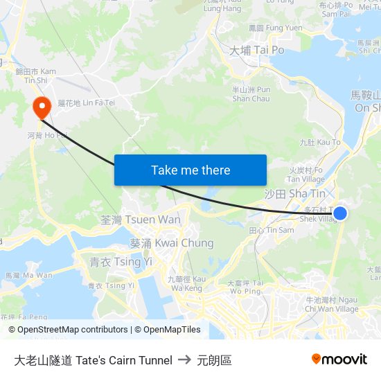 大老山隧道 Tate's Cairn Tunnel to 元朗區 map