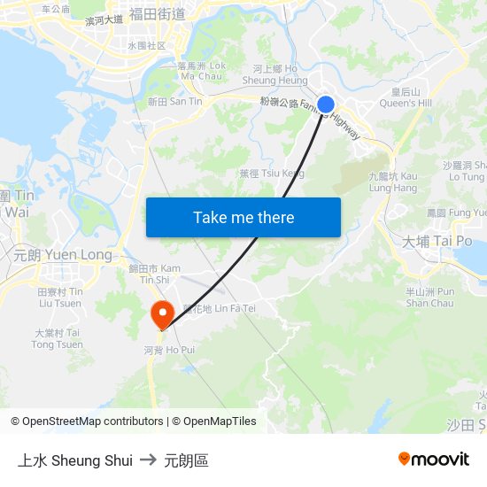 上水 Sheung Shui to 元朗區 map