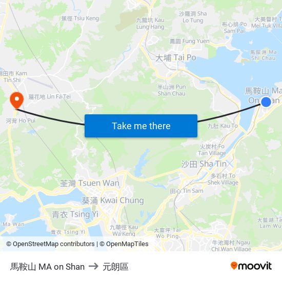 馬鞍山 MA on Shan to 元朗區 map