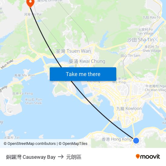 銅鑼灣 Causeway Bay to 元朗區 map