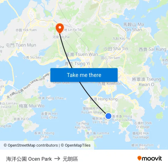 海洋公園 Ocen Park to 元朗區 map