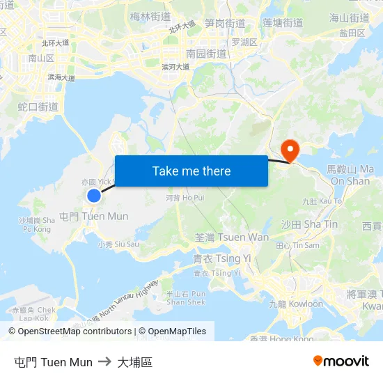 屯門 Tuen Mun to 大埔區 map