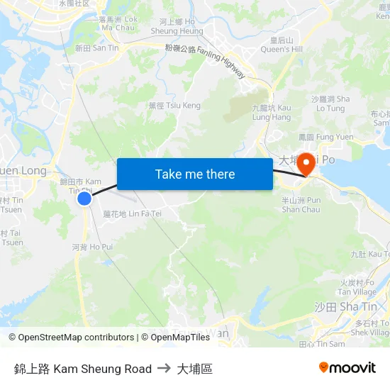 錦上路 Kam Sheung Road to 大埔區 map