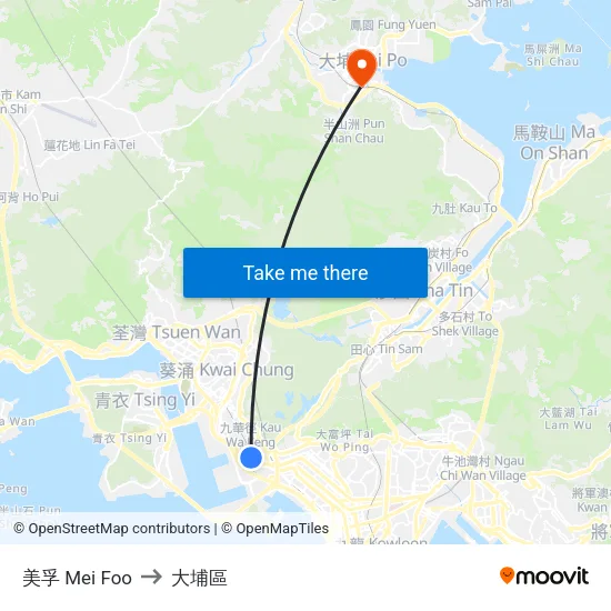 美孚 Mei Foo to 大埔區 map