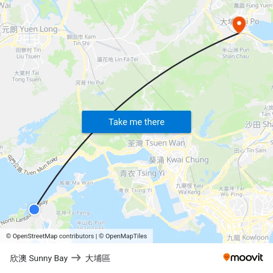 欣澳 Sunny Bay to 大埔區 map