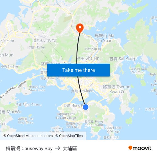 銅鑼灣 Causeway Bay to 大埔區 map