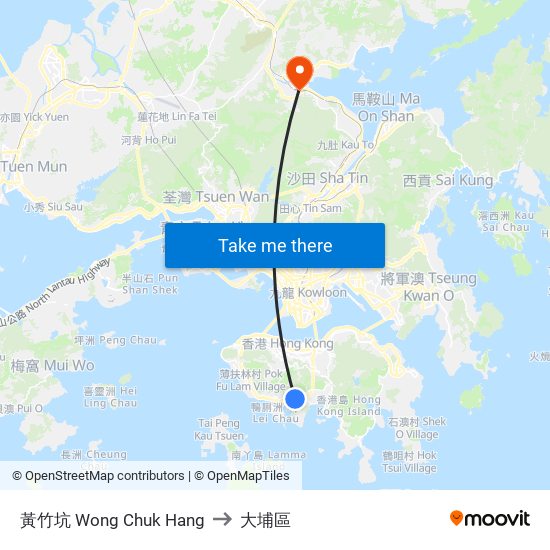 黃竹坑 Wong Chuk Hang to 大埔區 map