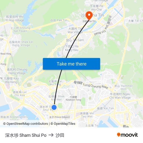 深水埗 Sham Shui Po to 沙田 map