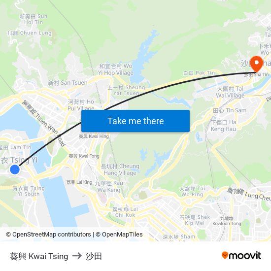 葵興 Kwai Tsing to 沙田 map