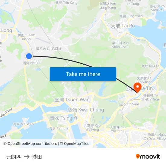 元朗區 to 沙田 map