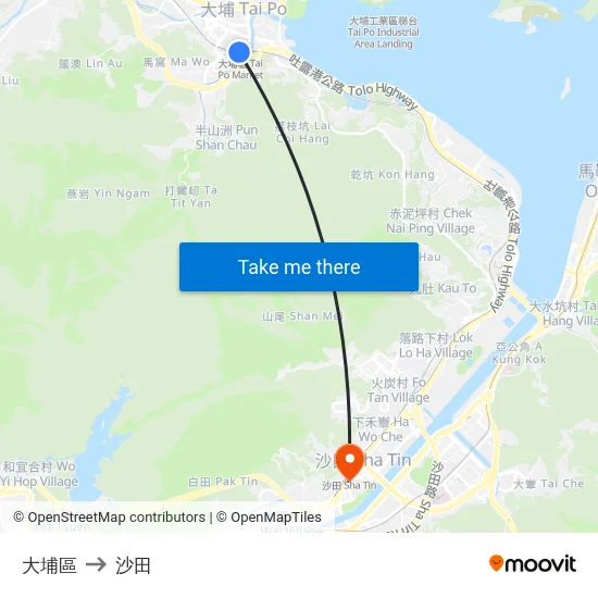 大埔區 to 沙田 map