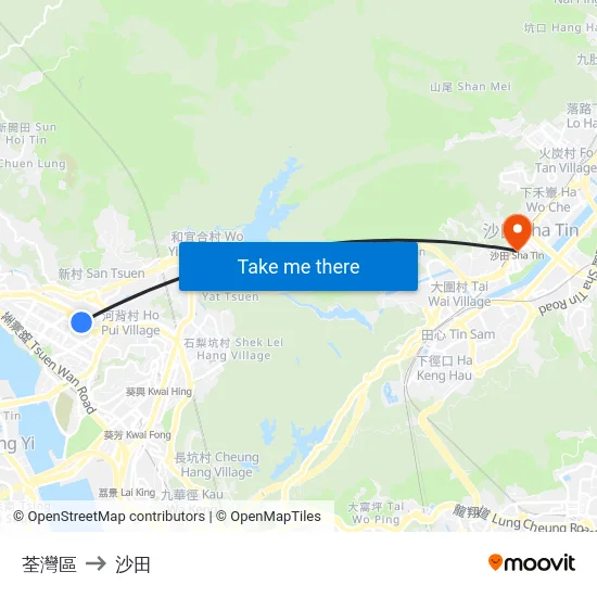 荃灣區 to 沙田 map