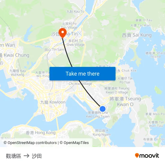 觀塘區 to 沙田 map