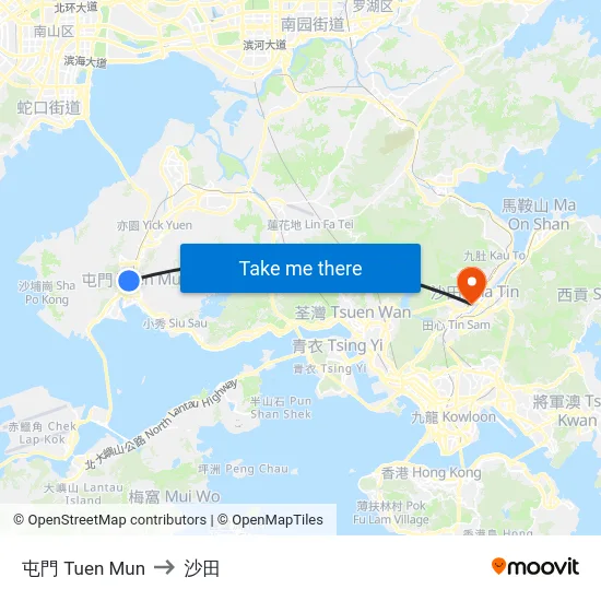 屯門 Tuen Mun to 沙田 map