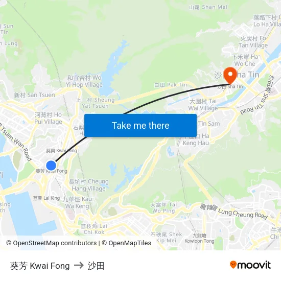 葵芳 Kwai Fong to 沙田 map