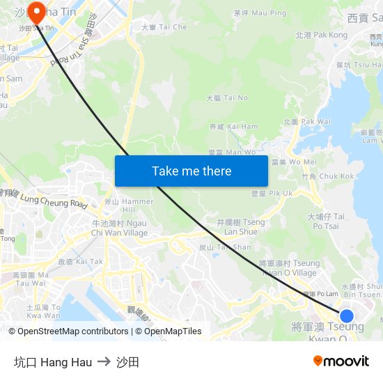 坑口 Hang Hau to 沙田 map