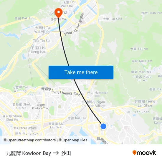 九龍灣 Kowloon Bay to 沙田 map
