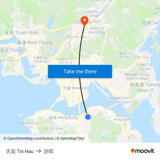 天后 Tin Hau to 沙田 map