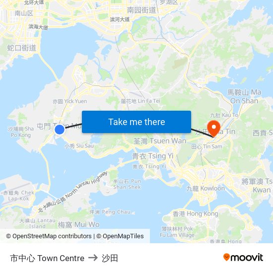市中心 Town Centre to 沙田 map